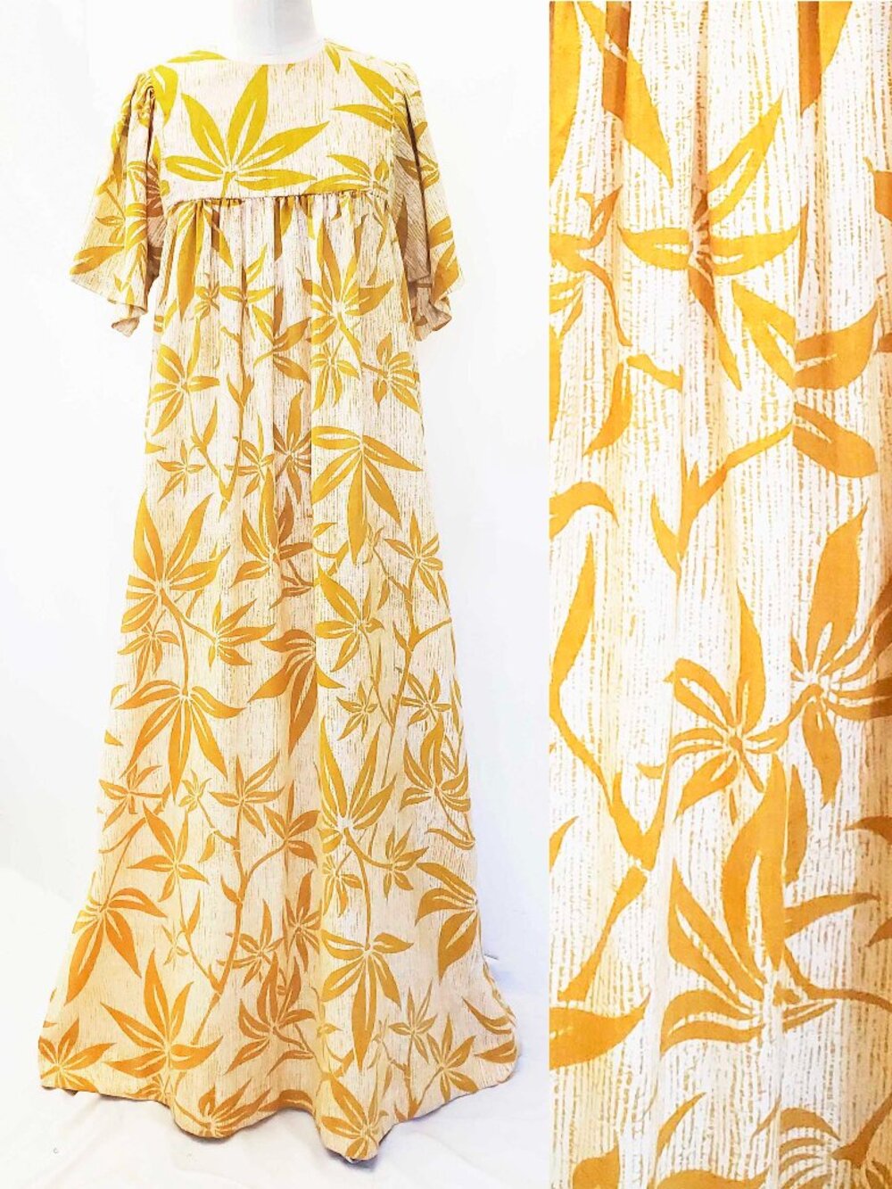 Vintage Kilauea Women's Hawaiian Island Mumu Maxi Dress Yellow White Floral L